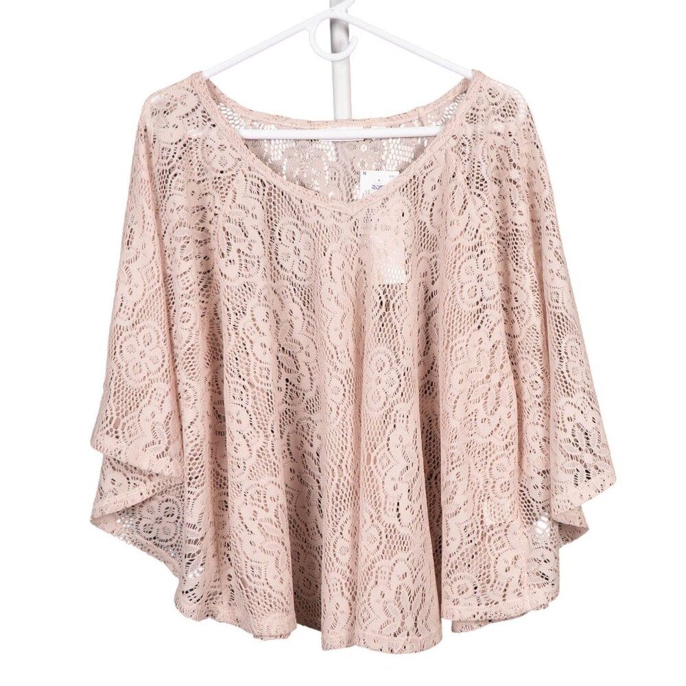 Boho Lace Blouse XL Beige Knit Sheer Hippie Festival Oversize Flowy Draped Doily - Picture 1 of 5